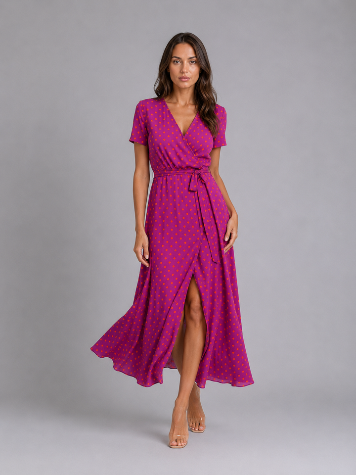 Damen Sommerkleid im Wickelstil mit Blumenmuster, getragen am Model