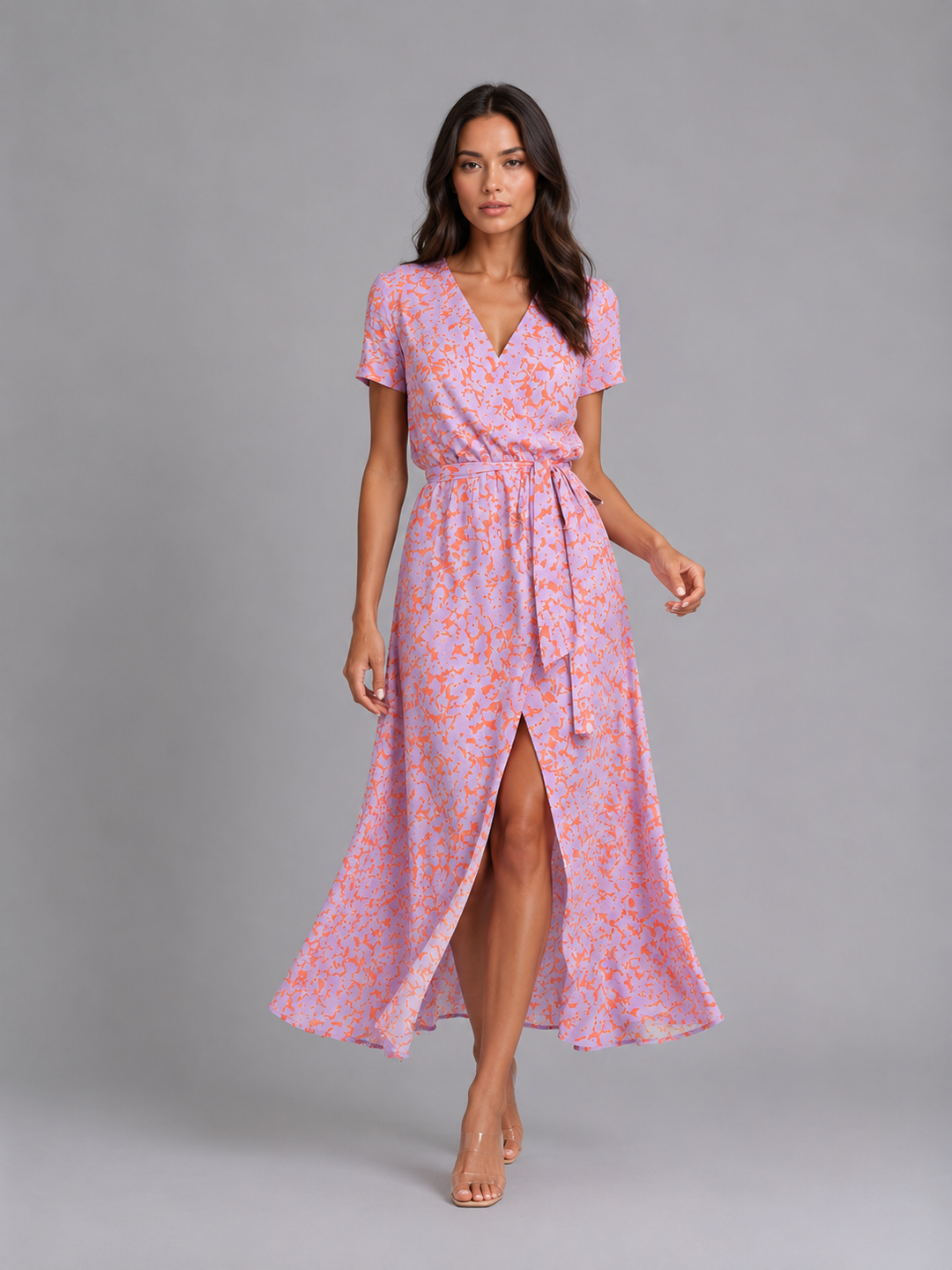 Damen Midikleid mit Blumenprint und Bindetaille in eleganter Ansicht