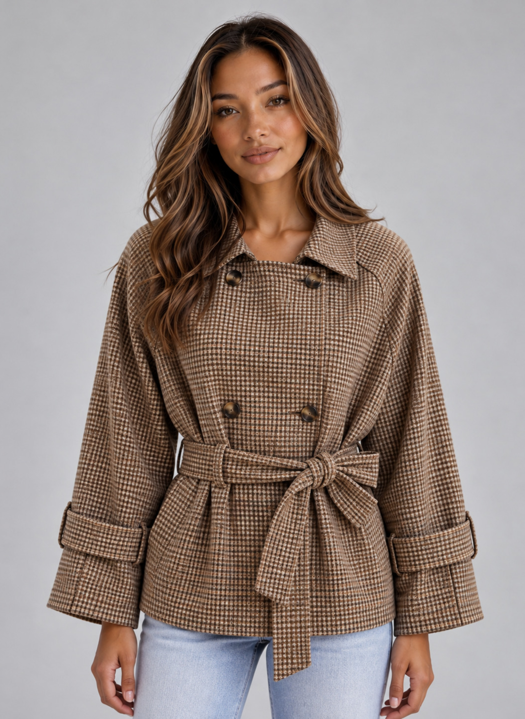 Kurzer Damen-Trenchcoat mit Karomuster, doppelter Knopfreihe und Gürtel