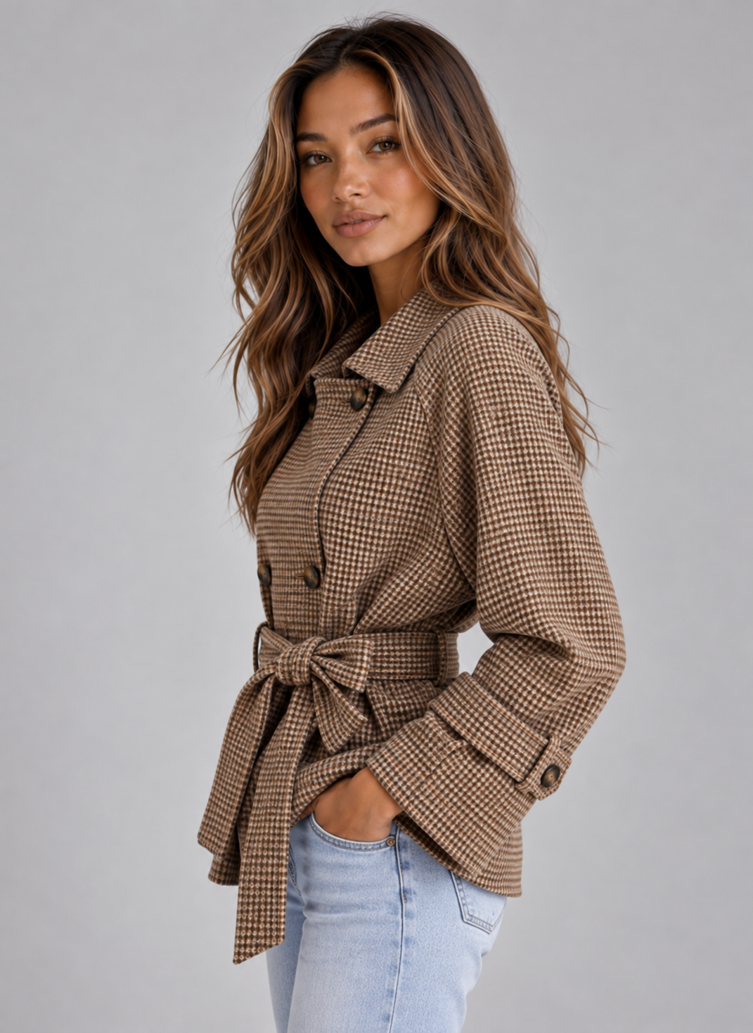 Kurze karierte Damenjacke im Trenchcoat-Stil mit Gürtel und Reverskragen