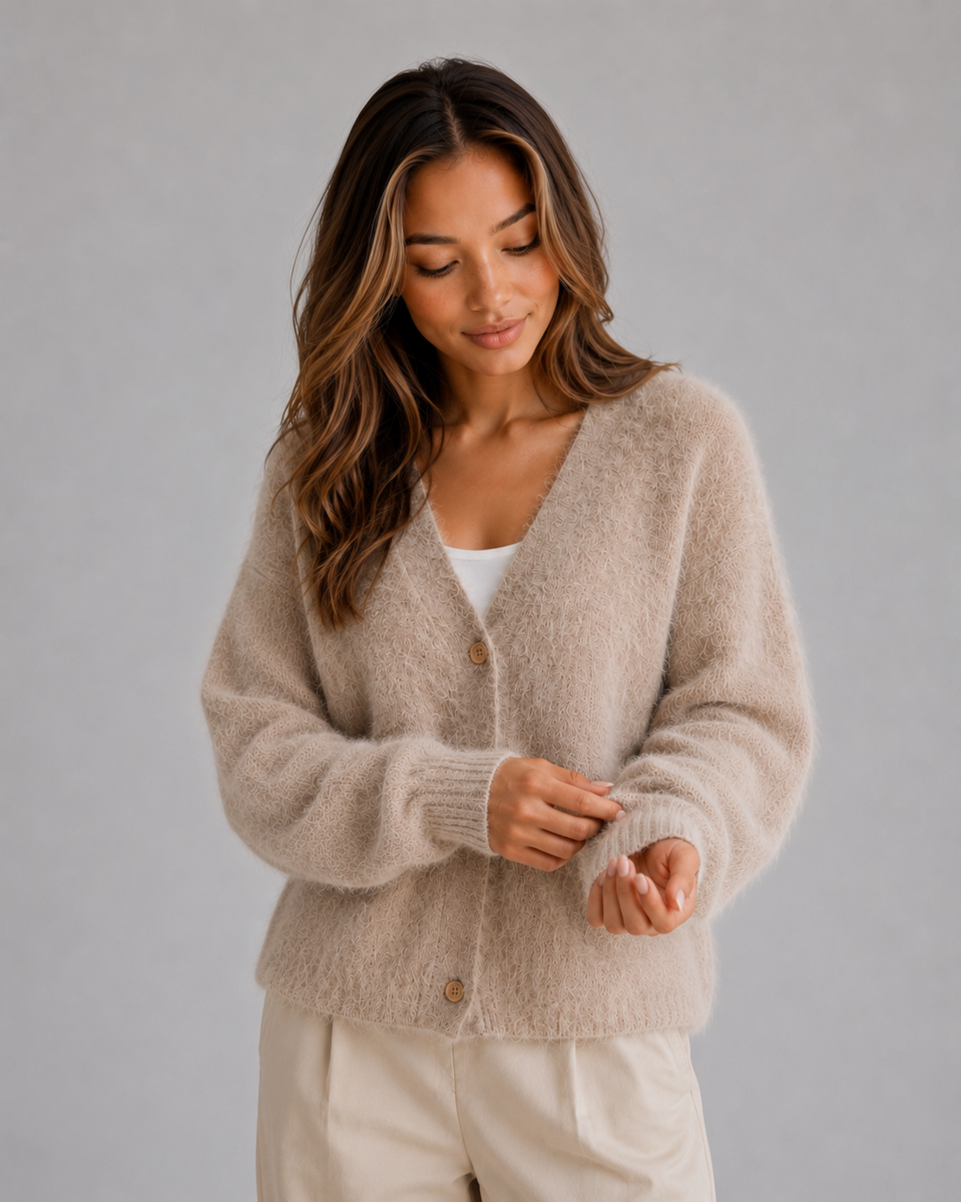 Damen Strickcardigan mit offener und geschlossener Knopfleiste im Detail