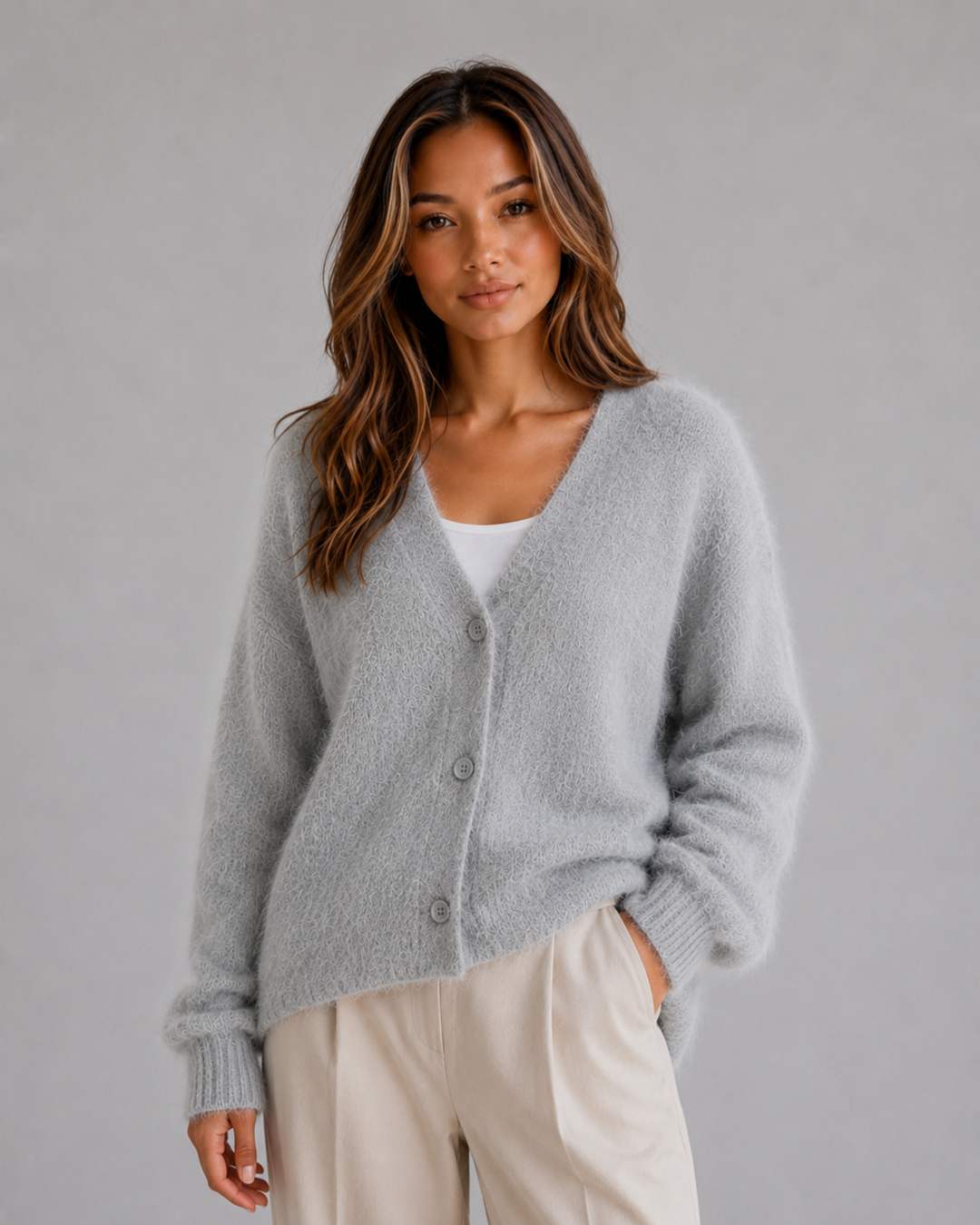 Detailaufnahme des weichen Strickmaterials und der Knöpfe am Damen-Cardigan