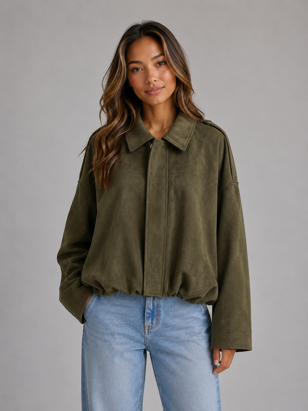 Damen Bomberjacke in Wildlederoptik mit Kragen in oversized Passform, Vorderansicht