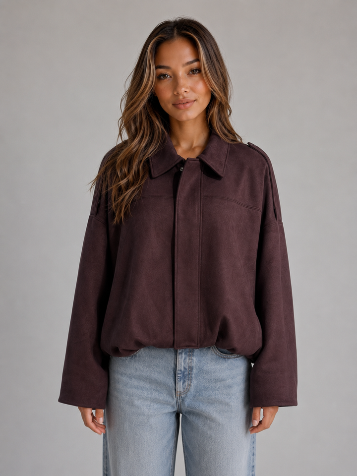 Women's Suede Look Oversized Bomber Jacket With Collar