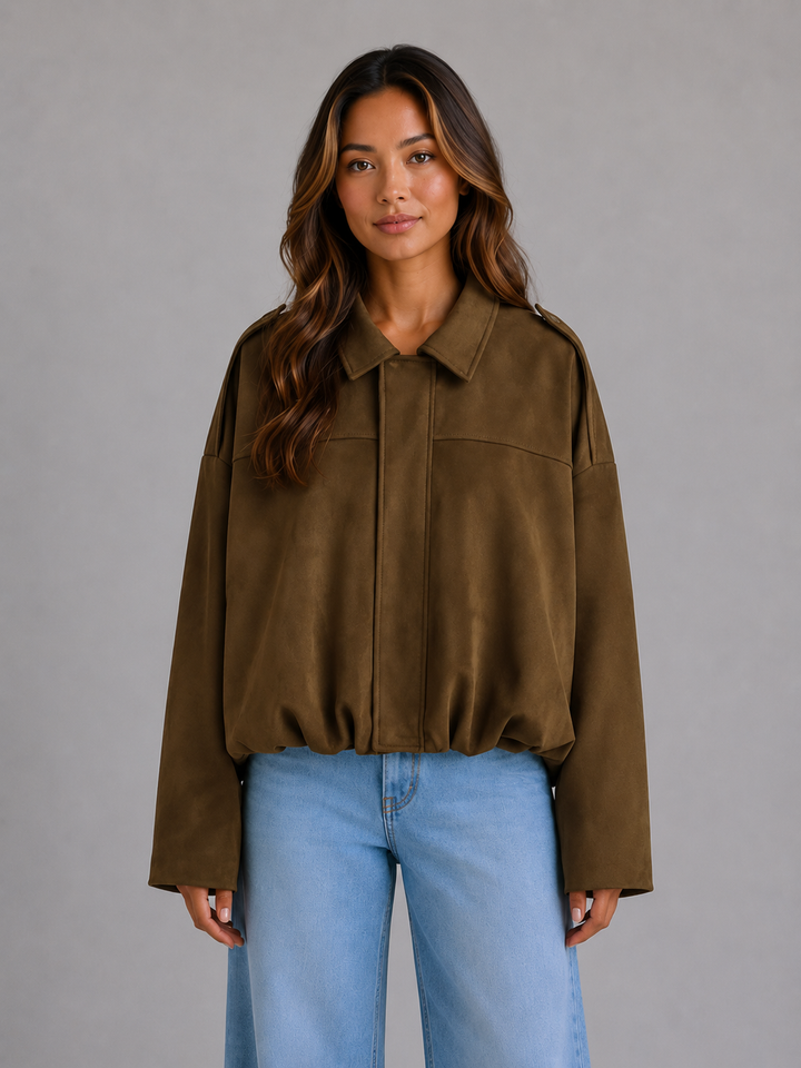 Women's Suede Look Oversized Bomber Jacket With Collar