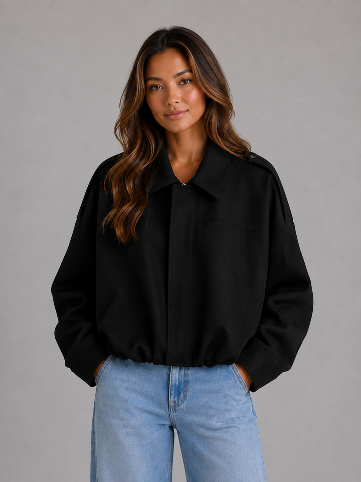 Women's Suede Look Oversized Bomber Jacket With Collar