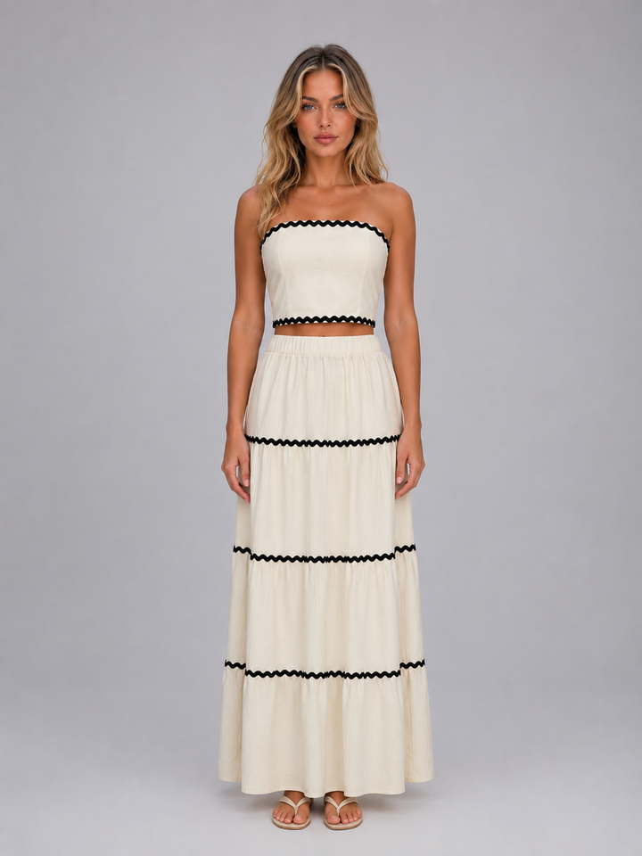 Damen Zweiteiler mit Crop Top und gestuftem Maxirock in sommerlichem Look