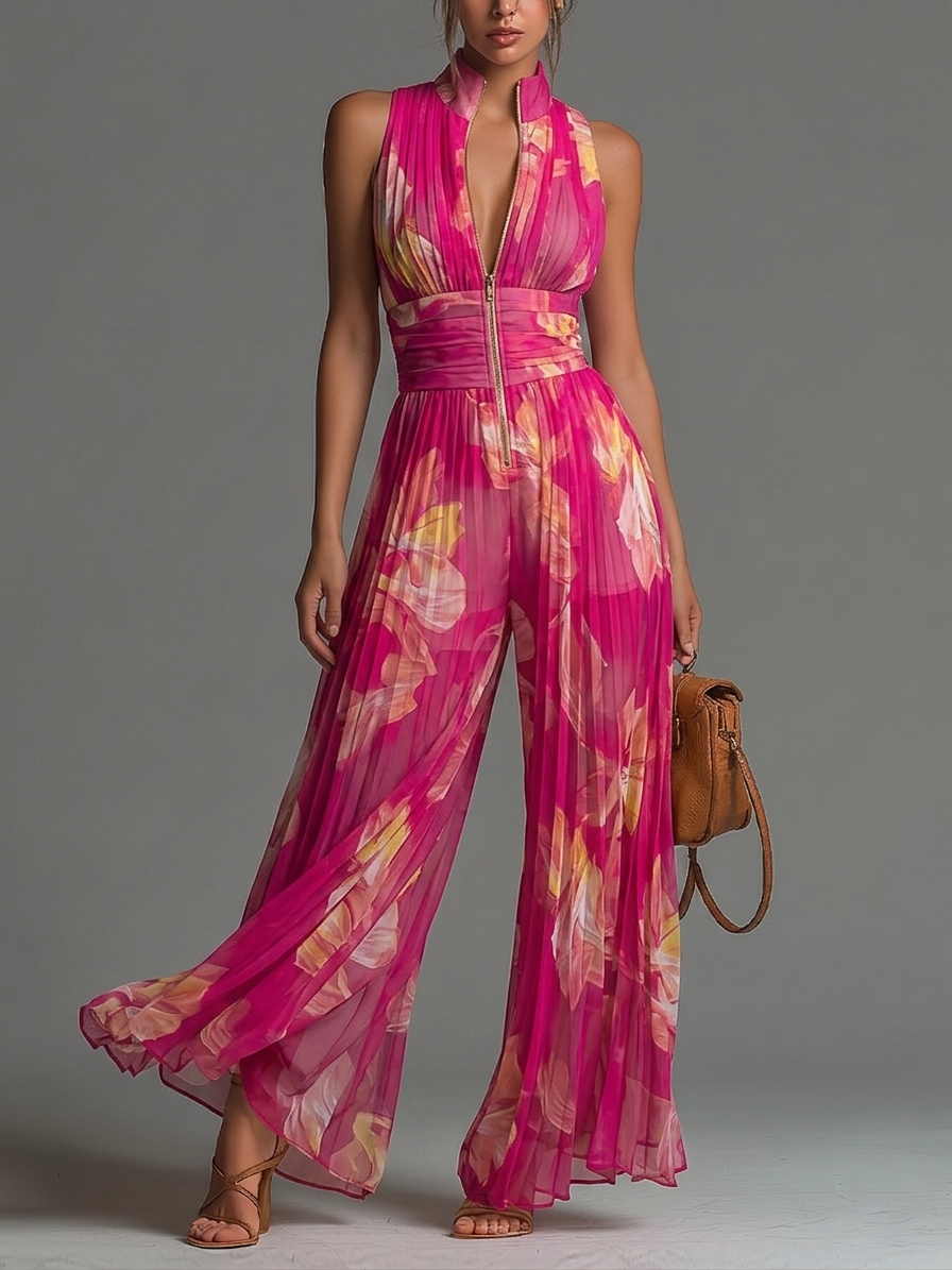 Damen Jumpsuit mit floralem Muster und Reißverschluss im Detail