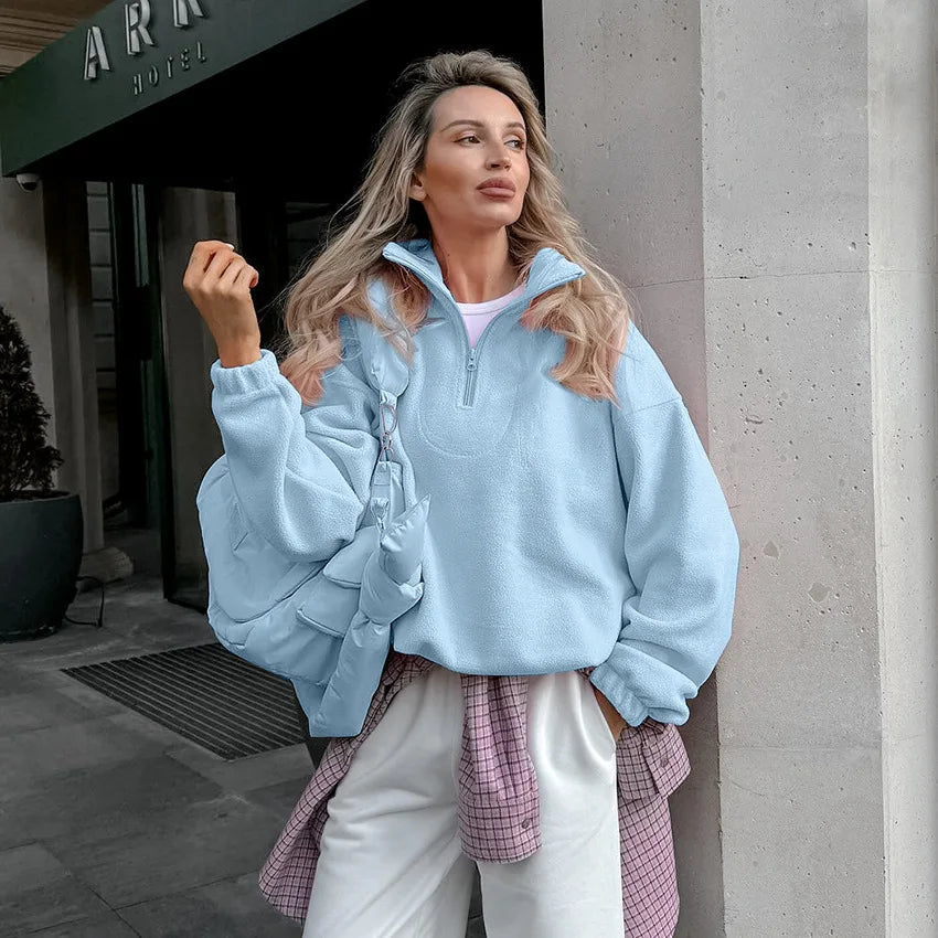 Damen Fleece Sweatshirt Stehkragen Reißverschluss Lässige Passform