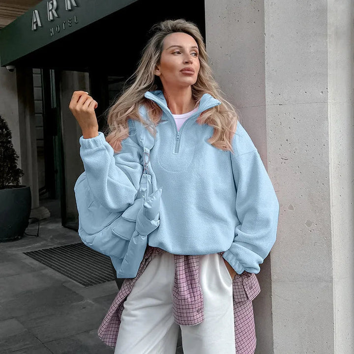 Damen Fleece Sweatshirt Stehkragen Reißverschluss Lässige Passform