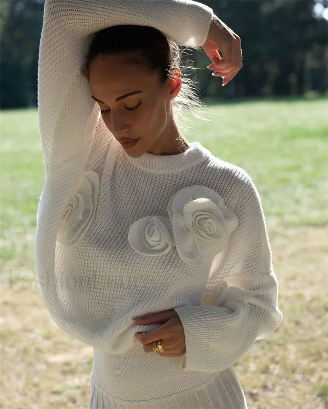Gemütlicher 3D-Rosen-Strickpullover mit lockerer Passform