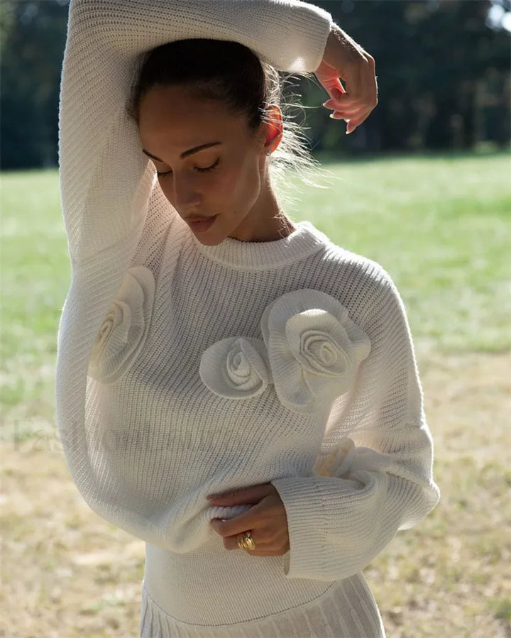 Gemütlicher 3D-Rosen-Strickpullover mit lockerer Passform