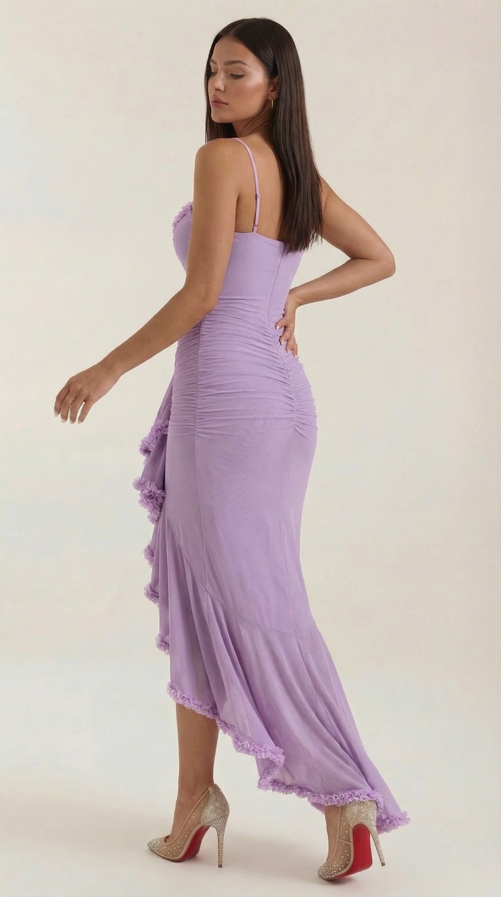 Damen Volant Maxikleid mit High-Low-Saum