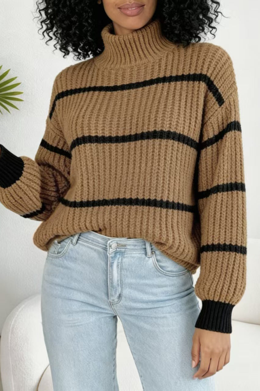 Damen Strickpullover Mit Rollkragen Und Kontraststreifen