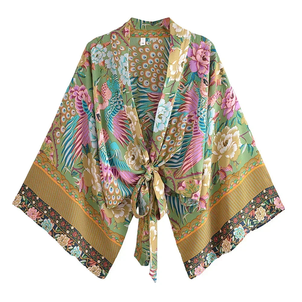 Kurzer Rayon-Blumenmuster-Kimono Strand-Cover-Up für Damen