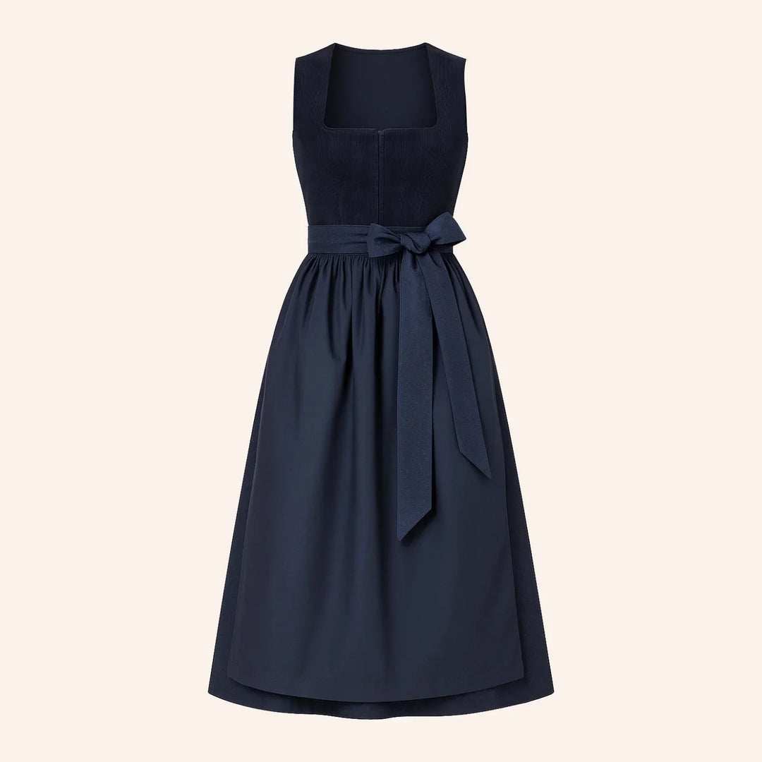 Marineblaues Damen-Dirndl mit Schürze, Detailansicht des Trachtenkleids