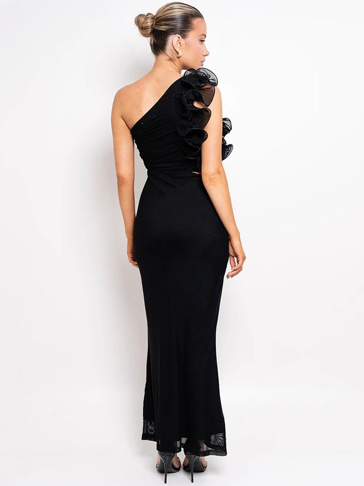 Damen Abendkleid One Shoulder – Asymmetrisch mit Blumenapplikation