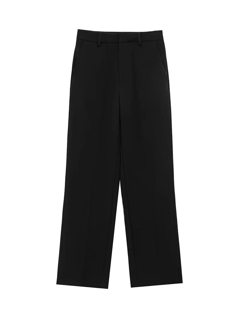 Damen Slim Revers Reißverschluss Kurzarm Mantel Oberteil Weite Bein Hose Set Schwarz