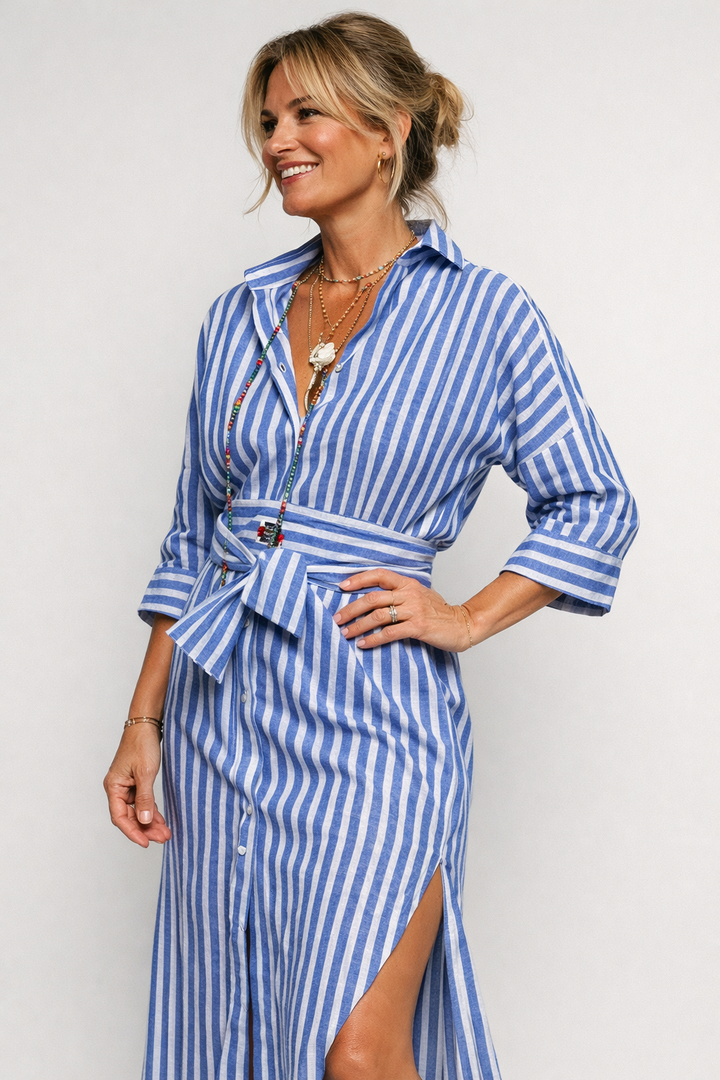 Gestreiftes Midi-Kleid mit Schleifengürtel für Damen