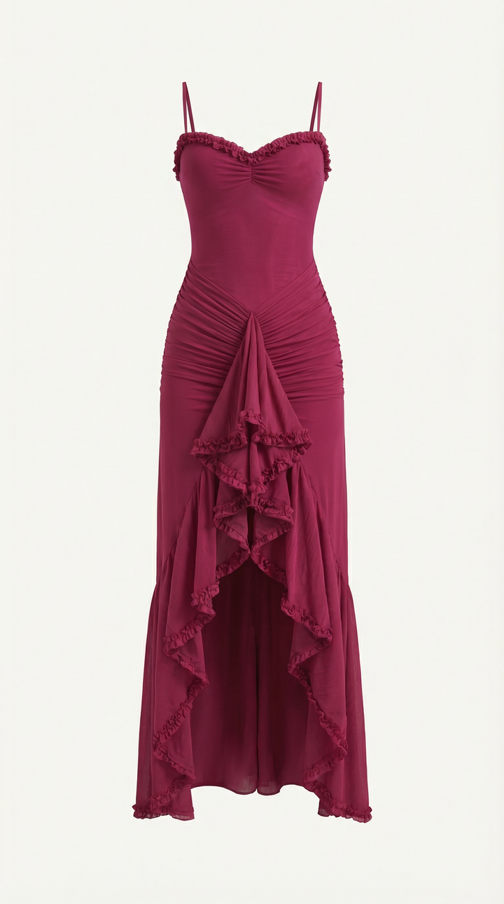 Damen Volant Maxikleid mit High-Low-Saum