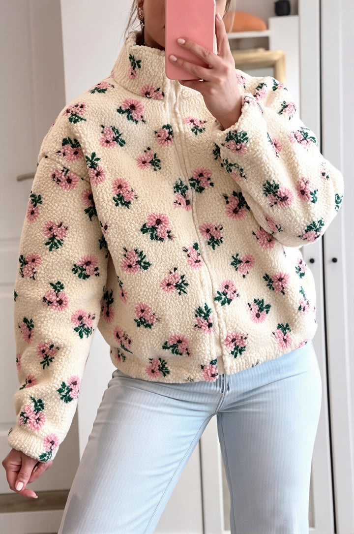 Damen Sherpa Fleece Jacke Mit Blumenmuster
