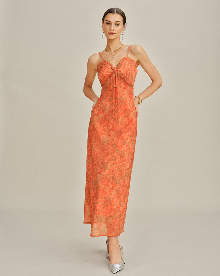 Orangenfarbenes Blumen A-Linien Maxi-Spitzenkleid für Damen