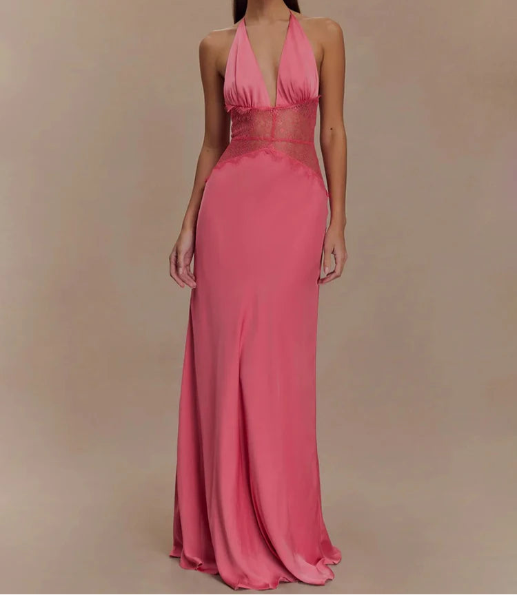 Maxikleid mit Neckholder, Spitzeneinsatz und freiem Rücken