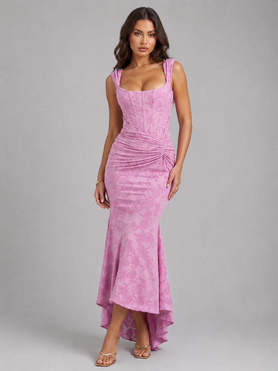 Damen Korsett Maxikleid mit Blumenmuster und Fischschwanzsaum