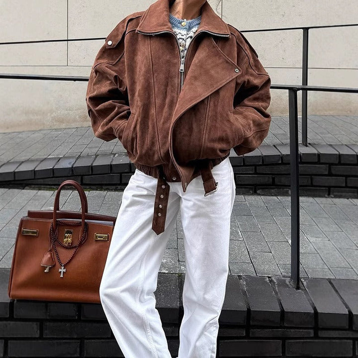 Übergroße Bomberjacke im Wildleder-Look mit asymmetrischem Reißverschluss