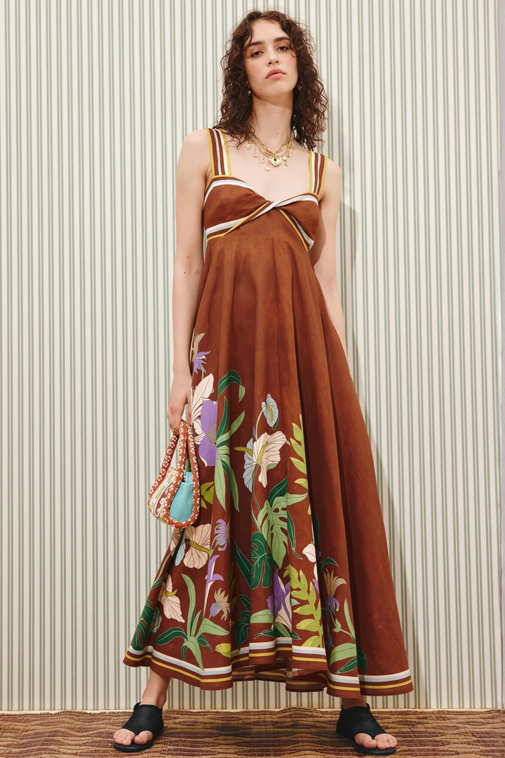 Damen-Maxikleid mit Blumenprint und Streifen in voller Länge