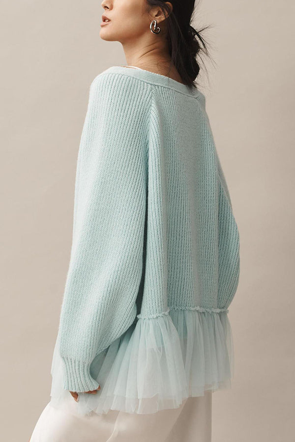 Strick-Cardigan mit Mesh-Rüsche und langen Ärmeln