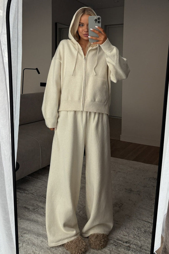 Damen Strick Zweiteiler Mit Kapuze Und Weiter Hose