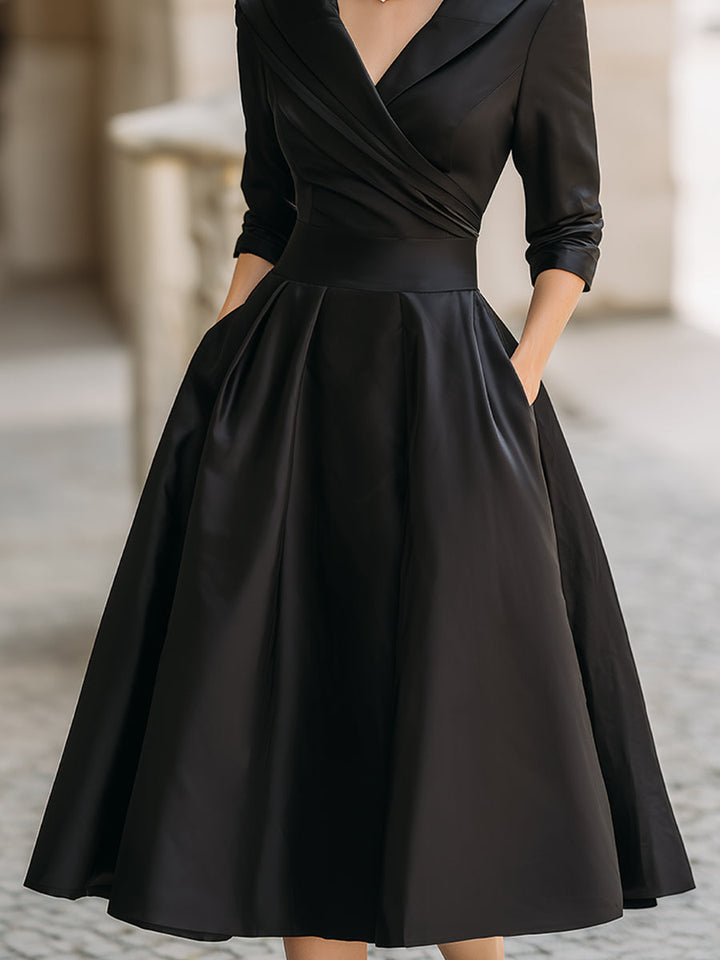 Vintage Satin Midi-Kleid mit drapiertem Kragen