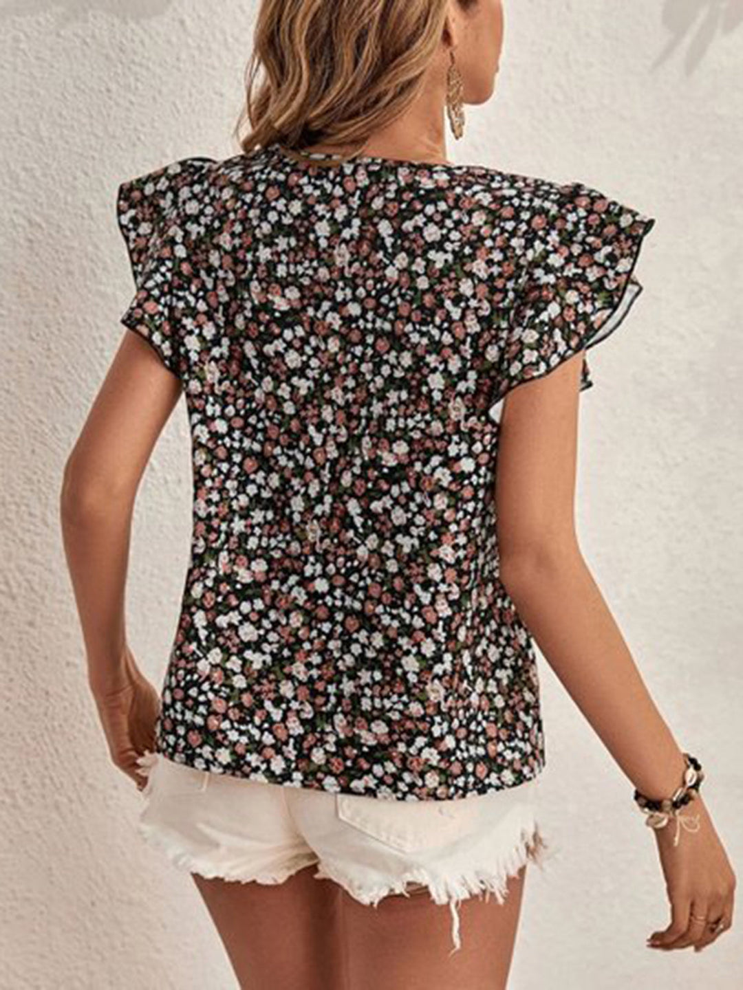 Kleines Blumenmuster Top mit Cap-Ärmeln und rundem Ausschnitt