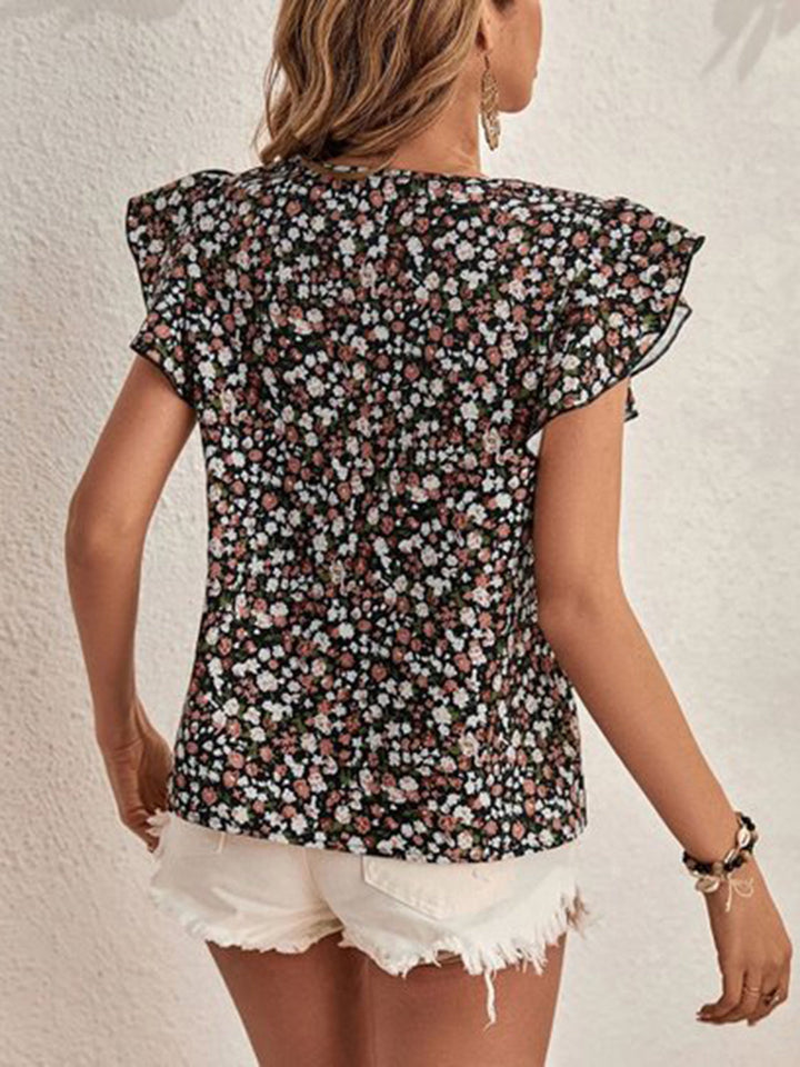 Kleines Blumenmuster Top mit Cap-Ärmeln und rundem Ausschnitt