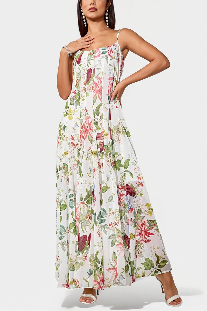 Vorderansicht des langen Damenkleids mit floralem Print und fließender A-Linien-Silhouette