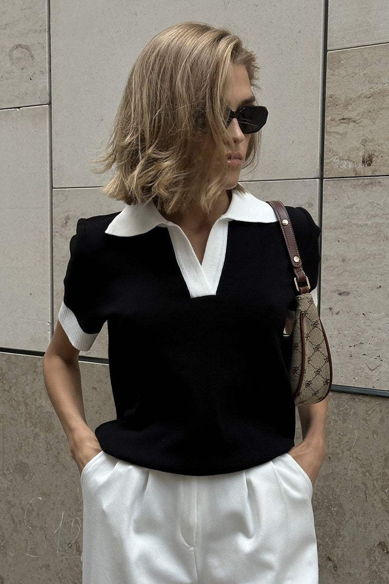 Damen Kurzarm Polo-Strickpullover mit Kontrastkragen – Vorderansicht