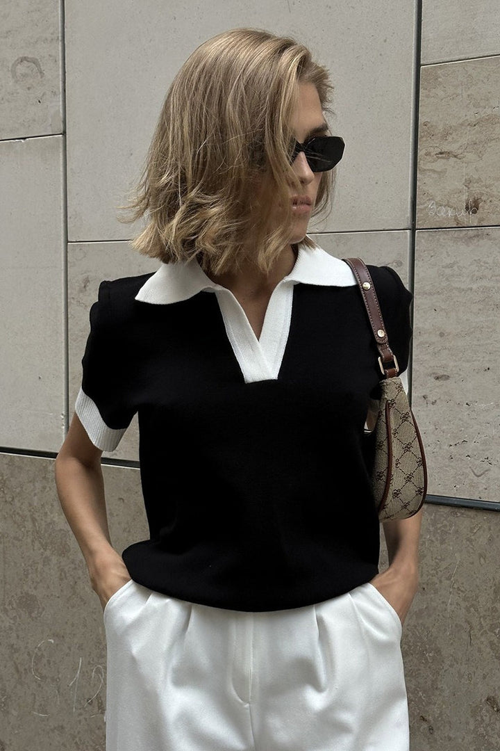 Damen Kurzarm Polo-Strickpullover mit Kontrastkragen – Vorderansicht