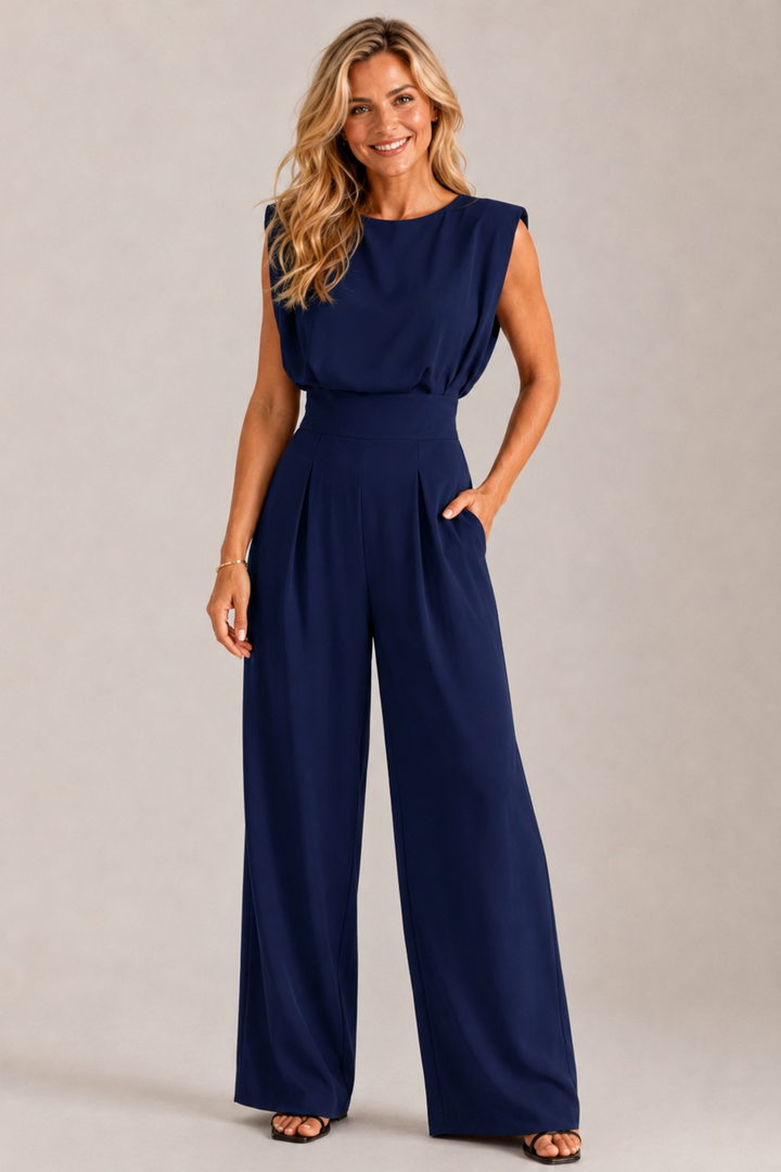 Damen Ärmelloser Jumpsuit mit V-Ausschnitt und Weiten Hosenbeinen