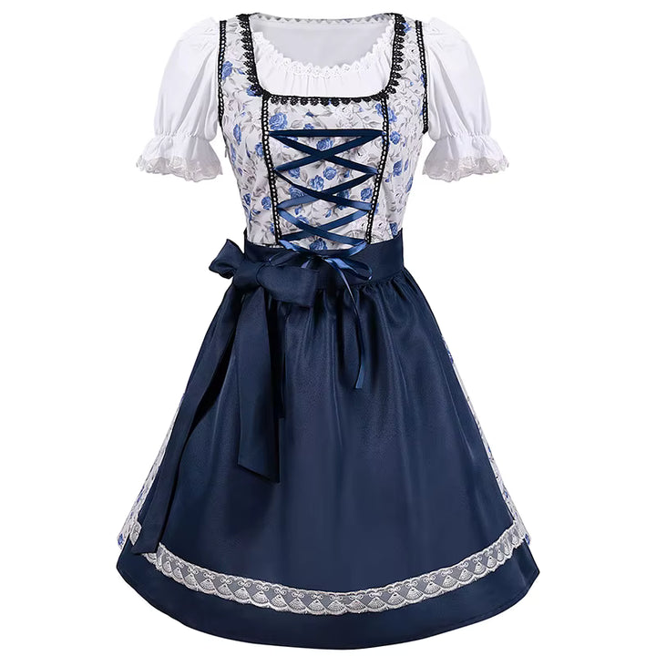Damen Traditionelles Dirndlkleid aus Polyester-Baumwoll-Mischung Blau Blumenmuster