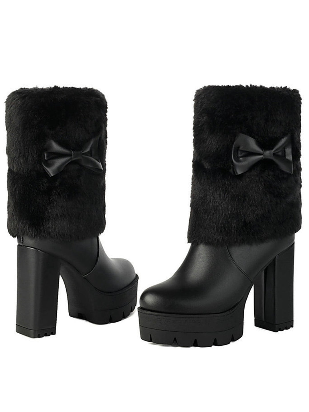 Plüschstiefel mit klobigem Absatz und Vintage-Schleifen-Akzent