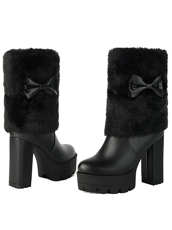 Plüschstiefel mit klobigem Absatz und Vintage-Schleifen-Akzent