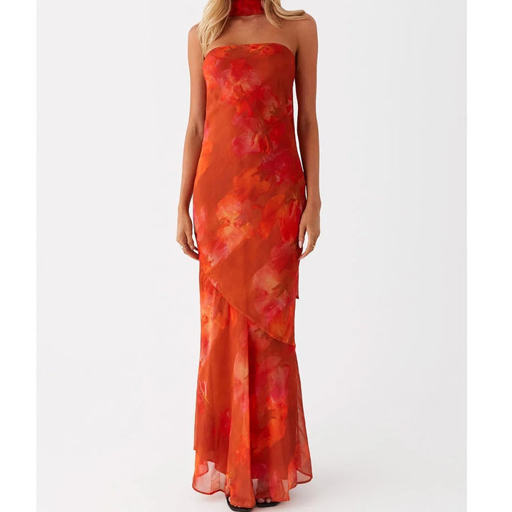 Kalentha® | Trägerloses Maxikleid mit Choker-Kragen