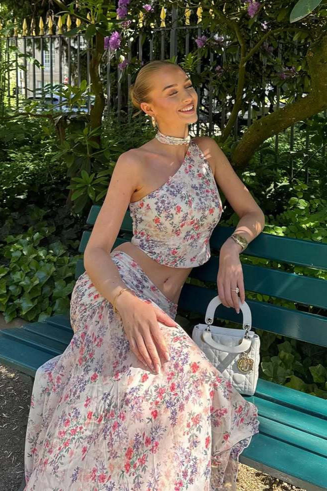 Damen Zweiteiler Mit Blumenprint Und One Shoulder Rosa