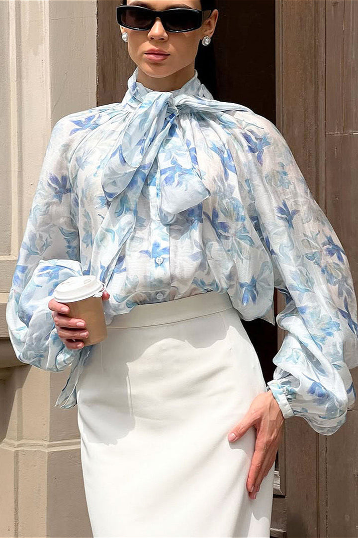 Damenbluse Mit Blumenprint Und Laternenärmeln