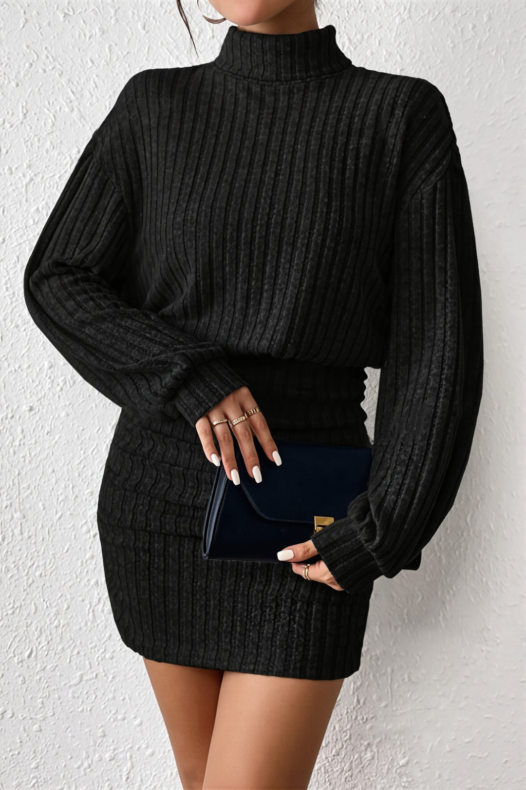 Damen Rippstrick Minikleid Mit Rollkragen