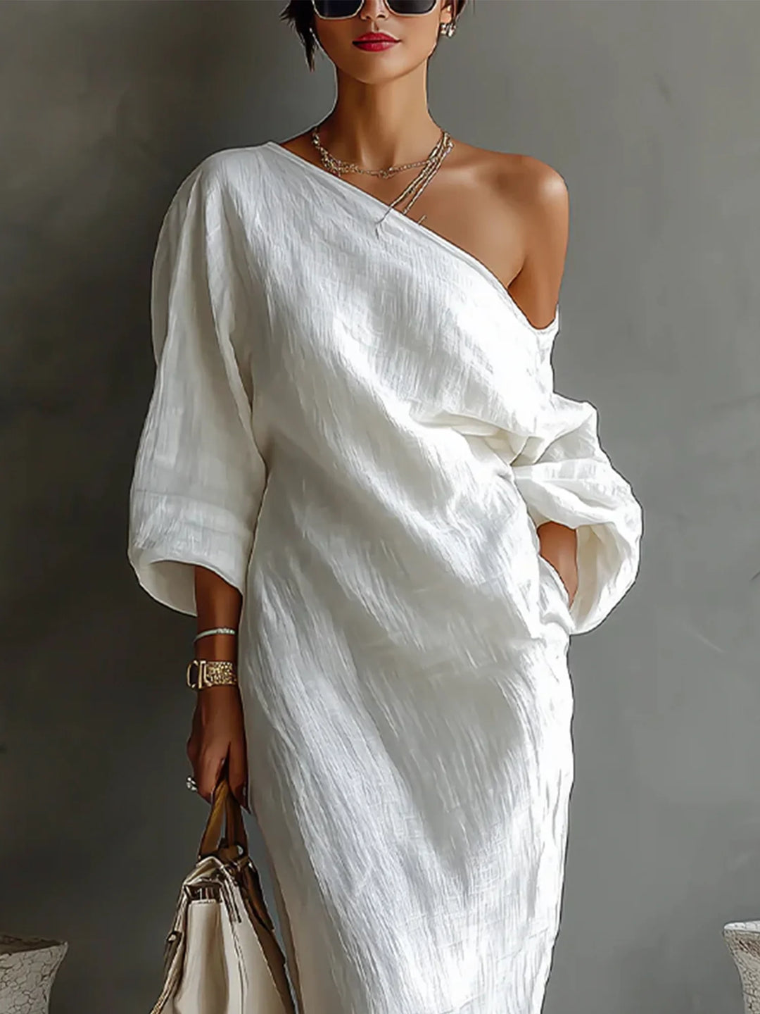 Maxikleid mit Ballonärmeln aus Leinen für Damen