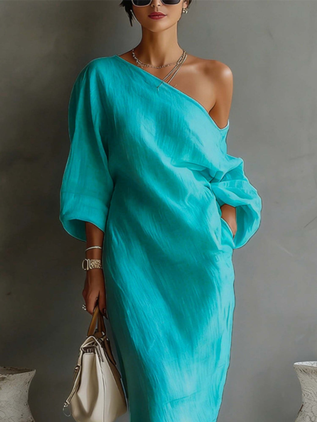 Maxikleid mit Ballonärmeln aus Leinen für Damen