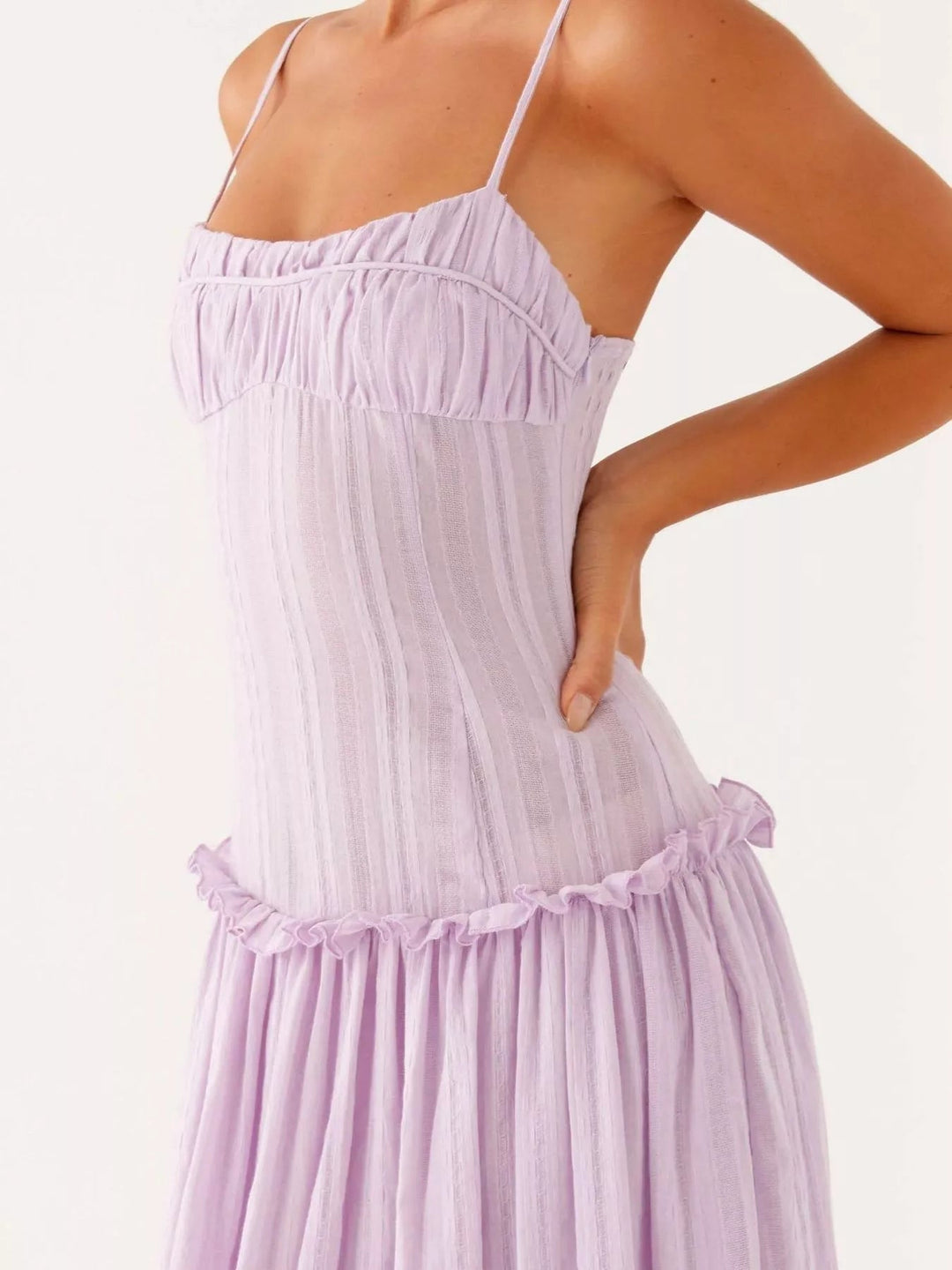 Maxikleid mit Rüschen und Gummizug, Spaghettiträger