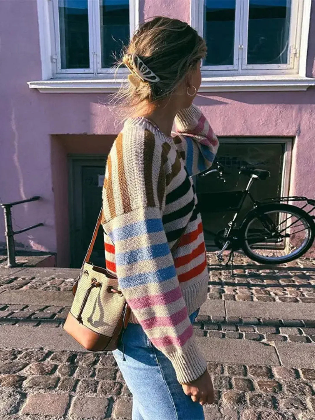 Bunter gestreifter Vintage-Strickpullover mit Rundhalsausschnitt